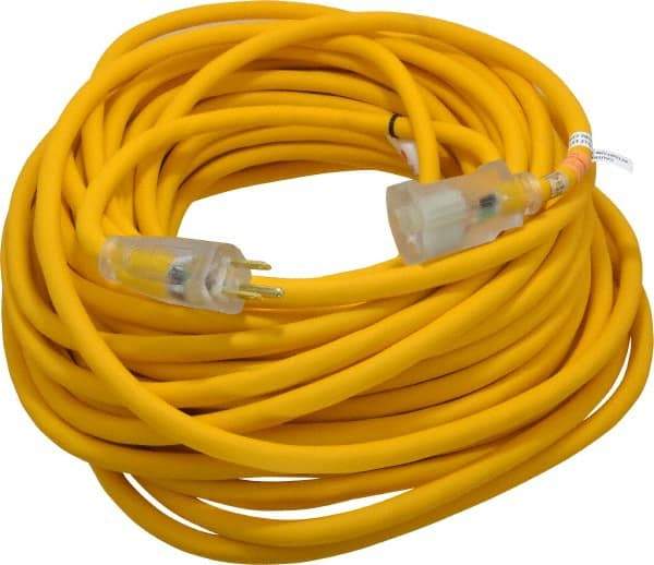 Southwire - 100', 12/3 Gauge/Conductors, Yellow Outdoor Extension Cord - 1 Receptacle, 15 Amps, 125 VAC, UL SJEOOW, NEMA 5-15P, 5-15R - Americas Industrial Supply