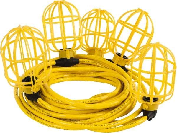 Value Collection - 5 Socket, 4 Conductor, 125 VAC, 15 Amp, Temporary String Light - 50' SJTW-A Cord, Yellow, Plastic, Includes Lamp Guard - Americas Industrial Supply