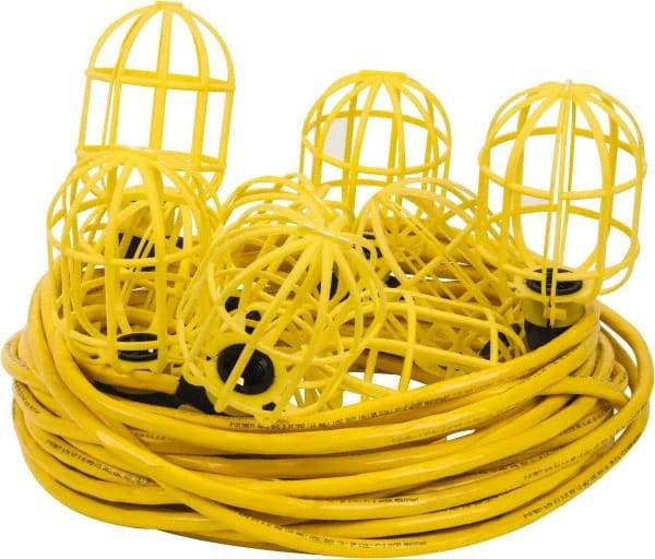 Value Collection - 10 Socket, 4 Conductor, 125 VAC, 15 Amp, Temporary String Light - 100' SJTW-A Cord, Yellow, Plastic, Includes Lamp Guard - Americas Industrial Supply