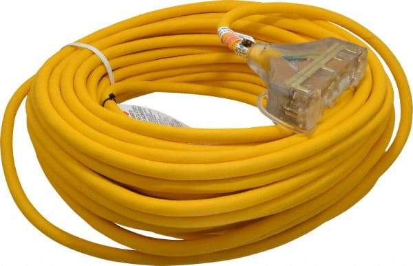 Southwire - 100', 12/3 Gauge/Conductors, Yellow Outdoor Extension Cord - 1 Receptacle, 15 Amps, 125 VAC, UL SJEOOW, NEMA 5-15P, 5-15R x 3 - Americas Industrial Supply