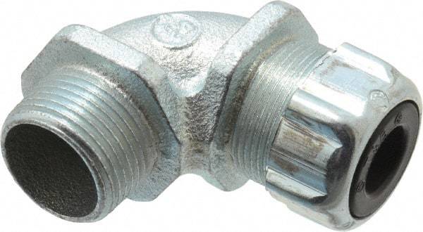 Thomas & Betts - 3/8 to 1/2" Cable Capacity, Liquidtight, Elbow Strain Relief Cord Grip - 3/4 NPT Thread, Iron - Americas Industrial Supply