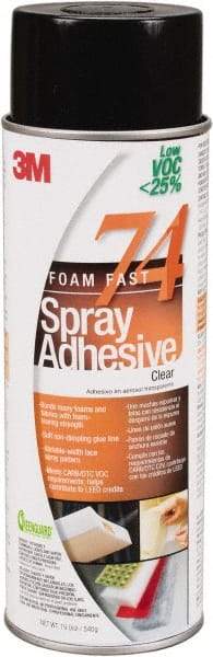 3M - 24 oz Aerosol Clear Spray Adhesive - High Tack, 200°F Heat Resistance, 50 Sq Ft Coverage, Medium Strength Bond, 30 min Max Bonding Time, Flammable, Series 74 - Americas Industrial Supply