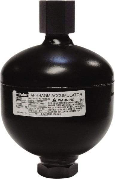 Parker - 60 Lb. Capacity, 3,045 psi Max Working Pressure, 7.09" High, Hydrin Diaphragm Accumulator - 5.36" Diam, 8 SAE Port Thread - Americas Industrial Supply