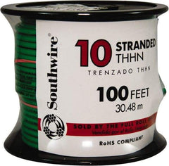 Southwire - THHN/THWN, 10 AWG, 30 Amp, 100' Long, Stranded Core, 19 Strand Building Wire - Green, Thermoplastic Insulation - Americas Industrial Supply