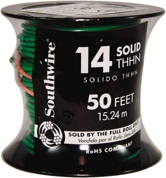 Southwire - THHN/THWN, 14 AWG, 15 Amp, 100' Long, Solid Core, 1 Strand Building Wire - Green, Thermoplastic Insulation - Americas Industrial Supply