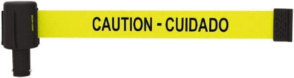 Banner Stakes - 6.61" High x 15' Long x 2-1/2" Wide Retractable Barrier Belt - Plastic & Polyester, Matte Finish, Yellow, Use with Banner Stakes Plus Stanchion, Banner Stakes Plus Base - Americas Industrial Supply