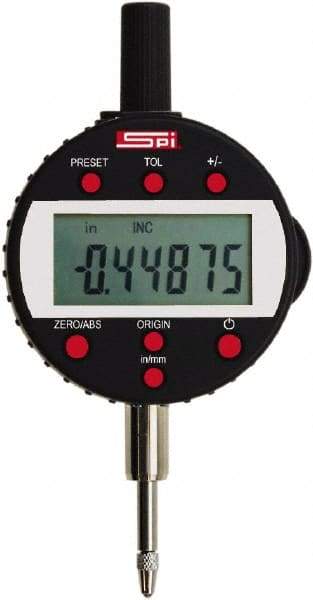 SPI - 0 to 1/2" Range, 0.00005" Graduation, Electronic Drop Indicator - Flat & Center Lug Back, Accurate to 0.00016", English & Metric System, LCD Display - Americas Industrial Supply