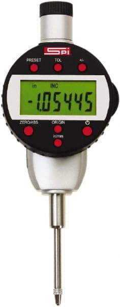 SPI - 0 to 1" Range, 0.00005" Graduation, Electronic Drop Indicator - Flat & Center Lug Back, Accurate to 0.0002", English & Metric System, LCD Display - Americas Industrial Supply