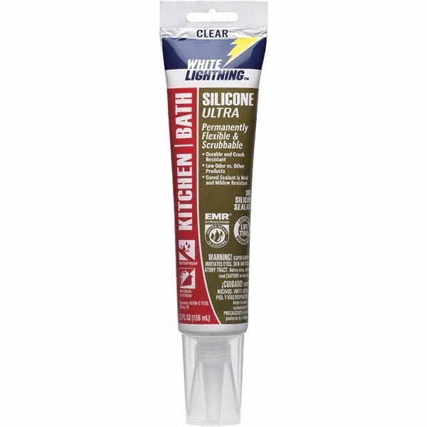 White Lightning - 5.3 oz Tube Clear Silicone Sealant - -80 to 450°F Operating Temp, 30 min Tack Free Dry Time, 24 hr Full Cure Time - Americas Industrial Supply