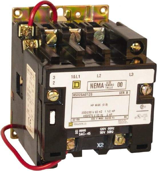 Square D - 2 Pole, 220 Coil VAC at 50 Hz, 240 Coil VAC at 60 Hz, 18 Amp NEMA Contactor - Open Enclosure, 50 Hz at 220 VAC and 60 Hz at 240 VAC - Americas Industrial Supply