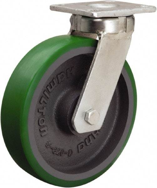Hamilton - 8" Diam x 2" Wide x 9-1/2" OAH Top Plate Mount Swivel Caster - Polyurethane Mold onto Cast Iron Center, 1,500 Lb Capacity, Sealed Precision Ball Bearing, 4 x 4-1/2" Plate - Americas Industrial Supply