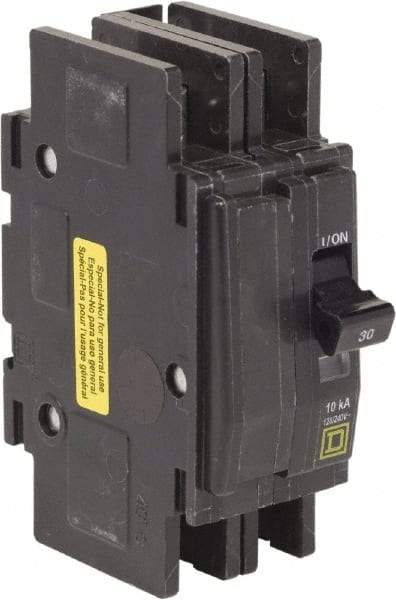Square D - 30 Amp, 120/240 VAC, 2 Pole, DIN Rail Mounted, Flush Mount, Surface Mount Miniature Circuit Breaker - Thermal Magnetic Trip, 10 kA at 120/240 VAC Breaking Capacity, 14-2 (Aluminum), 14-2 (Copper) AWG, 74mm Deep x 103mm High x 19mm Wide - Americas Industrial Supply
