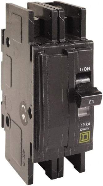 Square D - 45 Amp, 120/240 VAC, 2 Pole, DIN Rail Mounted, Flush Mount, Surface Mount Miniature Circuit Breaker - Thermal Magnetic Trip, 10 kA at 120/240 VAC Breaking Capacity, 14-2 (Aluminum), 14-2 (Copper) AWG, 74mm Deep x 103mm High x 19mm Wide - Americas Industrial Supply