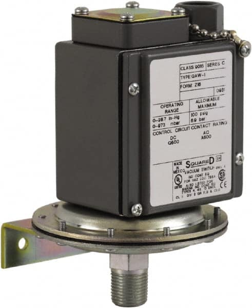 Square D - 4, 13 and 4X NEMA Rated, SPDT, 0.2 to 10 psi, Vacuum Switch Pressure and Level Switch - Adjustable Pressure, 120 VAC, 125 VDC, 240 VAC, 250 VDC, Screw Terminal - Americas Industrial Supply