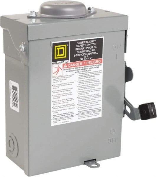 Square D - 30 Amp, 240 VAC, 2 Pole Nonfused Safety Switch - NEMA 3R, 1 & 3 Phase, 10 hp at 240 VAC (Single Phase), 15 hp at 240 VAC (Triple Phase) - Americas Industrial Supply