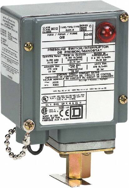 Square D - 4, 13 and 4X NEMA Rated, SPDT, 1.5 to 75 psi, Electromechanical Pressure and Level Switch - Fixed Pressure, 120 VAC at 6 Amp, 125 VDC at 0.22 Amp, 240 VAC at 3 Amp, 250 VDC at 0.27 Amp, 1/4 Inch Connector, Screw Terminal, For Use with 9012G - Americas Industrial Supply