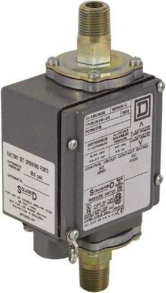 Square D - 4, 13 and 4X NEMA Rated, DPDT, 175 psi, Electromechanical Pressure and Level Switch - Adjustable Pressure, 120 VAC at 6 Amp, 125 VDC at 0.22 Amp, 240 VAC at 3 Amp, 250 VDC at 0.11 Amp, 1/4 Inch Connector, Screw Terminal, For Use with 9012G - Americas Industrial Supply