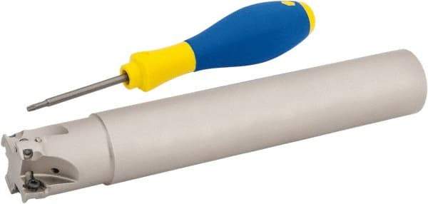 Iscar - 1-1/4" Cut Diam, 0.315" Max Depth of Cut, 1-1/4" Shank Diam, 7.87" OAL, Indexable Square Shoulder Helical End Mill - HM390 TPKT 1003 Inserts, Cylindrical Shank, 90° Lead Angle, Through Coolant, Series HeliIQMill - Americas Industrial Supply