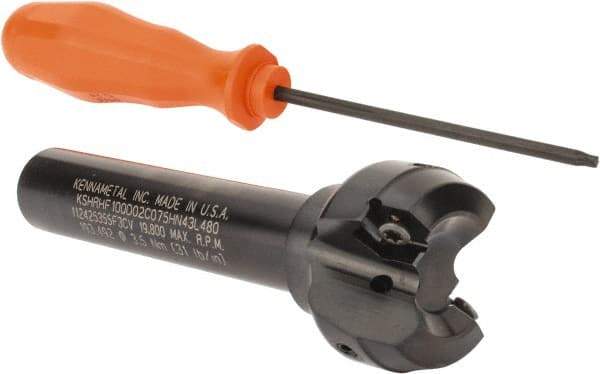 Kennametal - 1.518" Cut Diam, 0.064" Max Depth, 3/4" Shank Diam, Cylindrical Shank Indexable High-Feed End Mill - Screw Holding Method, HNGJ0604ANENLD Insert, KSHR Toolholder, Through Coolant - Americas Industrial Supply