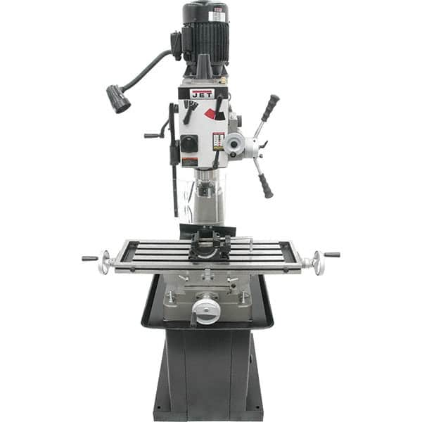 Jet - 1 Phase, 20-1/2" Swing, Geared Head Mill Drill Combination - 32-1/4" Table Length x 9-1/2" Table Width, 20-1/2" Longitudinal Travel, 8-1/4" Cross Travel, 6 Spindle Speeds, 1.5 hp, 115/230 Volts - Americas Industrial Supply