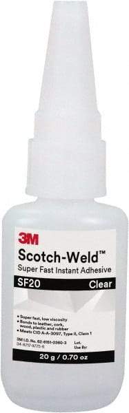 3M - 0.71 oz Bottle Clear Instant Adhesive - Series Part Number SF20, 3 to 30 sec Working Time, 24 hr Full Cure Time - Americas Industrial Supply