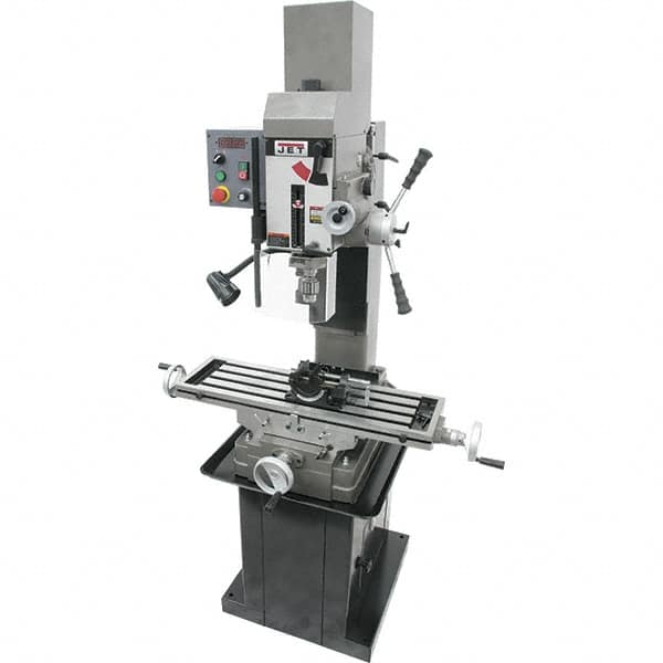 Jet - 3 Phase, 19-11/16" Swing, Geared Head Mill Drill Combination - 32-1/4" Table Length x 9-1/2" Table Width, 20-1/2" Longitudinal Travel, 8-1/4" Cross Travel, Variable Spindle Speeds, 1.5 hp, 230 Volts - Americas Industrial Supply