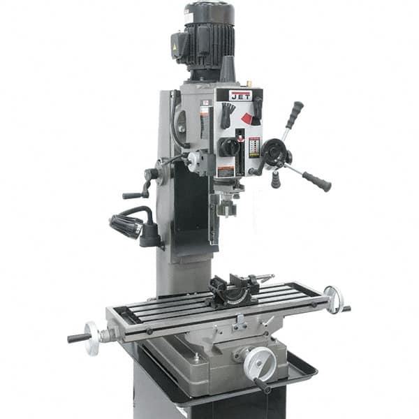 Jet - 3 Phase, 19-11/16" Swing, Geared Head Mill Drill Combination - 32-1/4" Table Length x 9-1/2" Table Width, 20-1/2" Longitudinal Travel, 8-1/4" Cross Travel, Variable Spindle Speeds, 1.5 hp, 230 Volts - Americas Industrial Supply