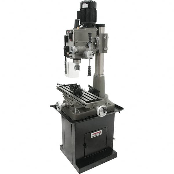 Jet - 1 Phase, 19-11/16" Swing, Geared Head Mill Drill Combination - 32-1/4" Table Length x 9-1/2" Table Width, 20-1/2" Longitudinal Travel, 8-1/4" Cross Travel, 6 Spindle Speeds, 1.5 hp, 115/230 Volts - Americas Industrial Supply