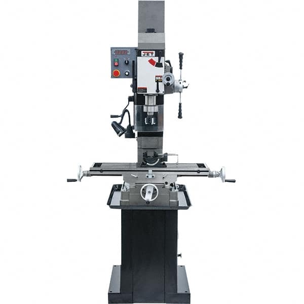 Jet - 3 Phase, 19-11/16" Swing, Geared Head Mill Drill Combination - 32-1/4" Table Length x 9-1/2" Table Width, 20-1/2" Longitudinal Travel, 8-1/4" Cross Travel, Variable Spindle Speeds, 1.5 hp, 230 Volts - Americas Industrial Supply