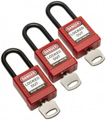 Ability One - Keyed Different Nonconductive Lockout Padlock - 1-1/2" Shackle Clearance, 1-3/8" Shackle Diam, 1-7/8" Body Height x 1-3/8" Body Width, Red - Americas Industrial Supply