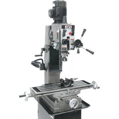 Jet - 1 Phase, 19-11/16" Swing, Geared Head Mill Drill Combination - 32-1/4" Table Length x 9-1/2" Table Width, 20-1/2" Longitudinal Travel, 8-1/4" Cross Travel, 6 Spindle Speeds, 1.5 hp, 115/230 Volts - Americas Industrial Supply