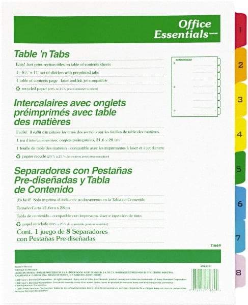 Office Essentials - 11 x 8 1/2" 1 to 8" Label, 8 Tabs, 3-Hole Punched, Preprinted Divider - Multicolor Tabs, White Folder - Americas Industrial Supply