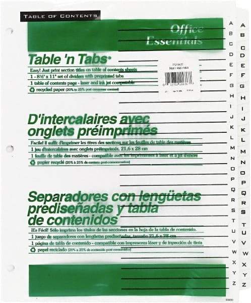 Office Essentials - 11 x 8 1/2" A to Z Label, 26 Tabs, 3-Hole Punched, Preprinted Divider - White - Americas Industrial Supply