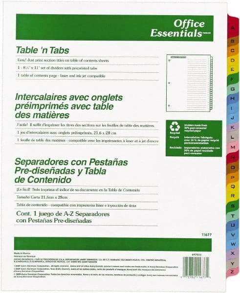 Office Essentials - 11 x 8 1/2" A to Z Label, 26 Tabs, 3-Hole Punched, Preprinted Divider - Multicolor Tabs, White Folder - Americas Industrial Supply