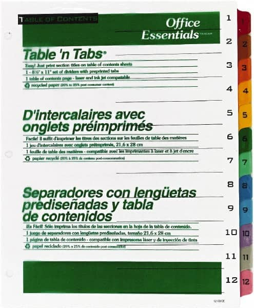 Office Essentials - 11 x 8 1/2" 1 to 12" Label, 12 Tabs, 3-Hole Punched, Preprinted Divider - Multicolor Tabs, White Folder - Americas Industrial Supply