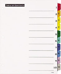 Office Essentials - 11 x 8 1/2" 1 to 10" Label, 10 Tabs, 3-Hole Punched, Preprinted Divider - Multicolor Tabs, White Folder - Americas Industrial Supply