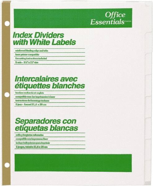 Office Essentials - 11 x 8 1/2" 1 to 8" Label, 8 Tabs, 3-Hole Punched, Customizable Divider - White - Americas Industrial Supply