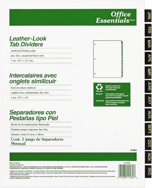 Office Essentials - 11 x 8 1/2" Jan to Dec Label, 12 Tabs, 3-Hole Punched, Preprinted Divider - Black Tabs, Buff Folder - Americas Industrial Supply