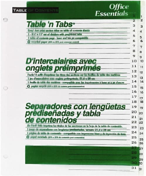 Office Essentials - 11 x 8 1/2" 1 to 31" Label, 31 Tabs, 3-Hole Punched, Preprinted Divider - White - Americas Industrial Supply