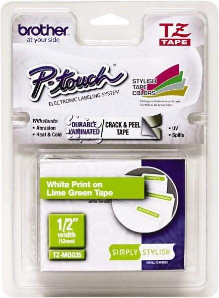 Brother - 1/2" Wide, Lime Green Tape Cassette - For Label Maker - Americas Industrial Supply
