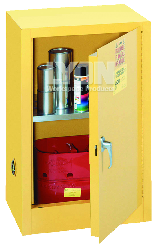 Compact Storage Cabinet - #5473 - 23-1/4 x 18 x 35" - 12 Gallon - w/one shelf, 1-door manual close - Yellow Only - Americas Industrial Supply