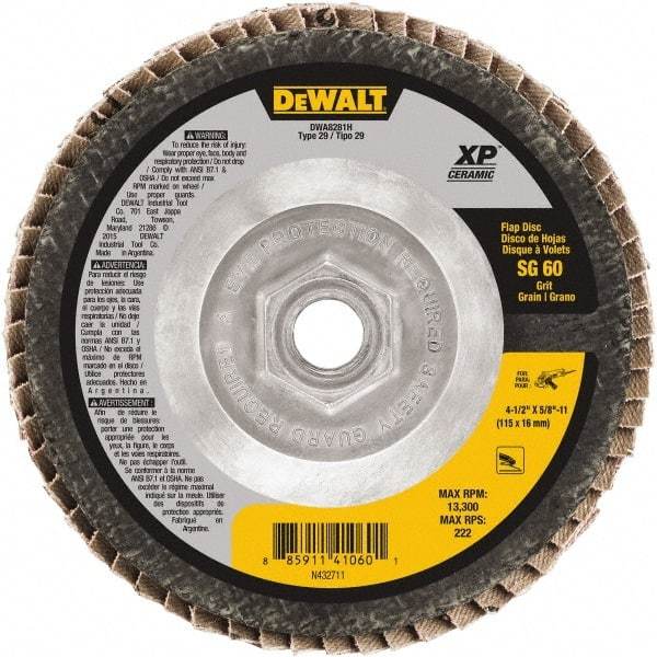DeWALT - 60 Grit, 4-1/2" Disc Diam, 5/8-11 Center Hole, Type 29 Ceramic Flap Disc - 8,700 Max RPM, Poly Cotton Backing, Arbor Attaching System, Coated - Americas Industrial Supply