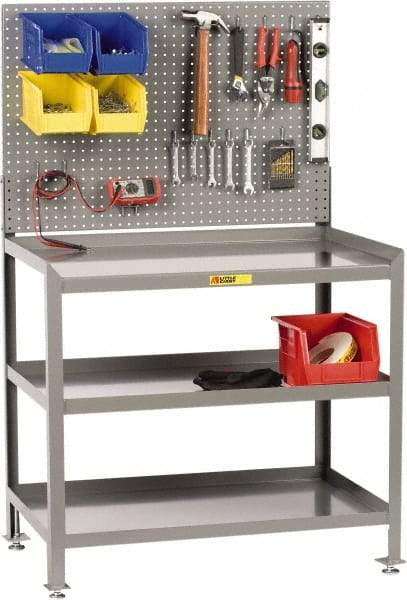 Little Giant - No Drawers, 3 Shelf Workbench with Pegboard - 2,000 Lb Capacity, Steel with Flush Front Edge Top, Gray, 24" Wide x 45" High x 48" Long - Americas Industrial Supply