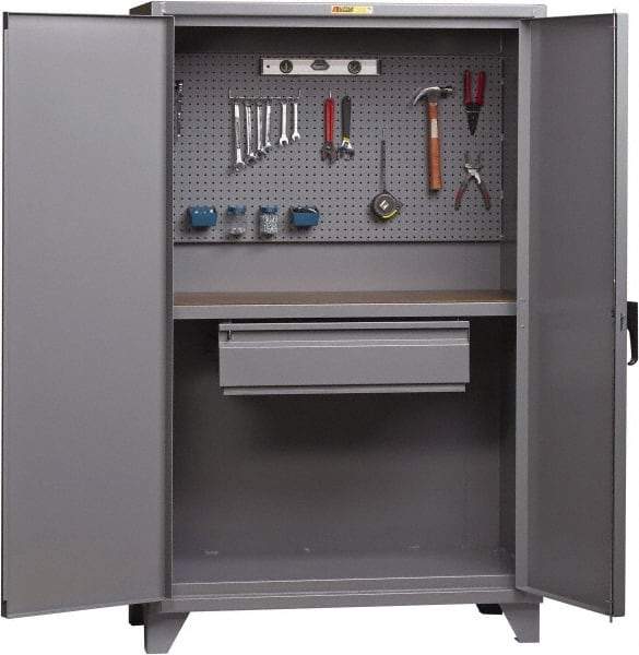 Little Giant - 1 Drawer, Cabinet Work Center - Steel with Flush Front Edge Top, Gray, 60" Wide x 78" High x 27" Long - Americas Industrial Supply