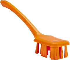 Vikan - 2-3/4" Bristle Length, Polyester Scrub Brush - 12" Long x 2-7/8" Wide Head, 15-1/2" OAL, Long Handle, Orange, Polypropylene Block - Americas Industrial Supply