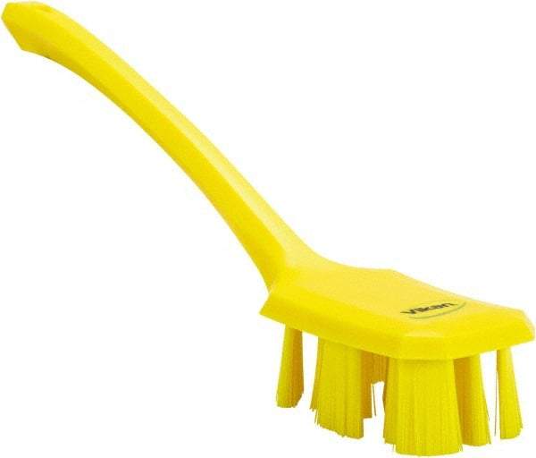 Vikan - 2-3/4" Bristle Length, Polyester Scrub Brush - 12" Long x 2-7/8" Wide Head, 15-1/2" OAL, Long Handle, Yellow, Polypropylene Block - Americas Industrial Supply