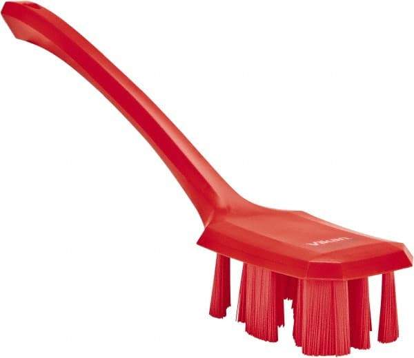 Vikan - 2-3/4" Bristle Length, Polyester Scrub Brush - 12" Long x 2-7/8" Wide Head, 15-1/2" OAL, Long Handle, Red, Polypropylene Block - Americas Industrial Supply