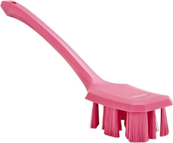 Vikan - 2-3/4" Bristle Length, Polyester Scrub Brush - 12" Long x 2-7/8" Wide Head, 15-1/2" OAL, Long Handle, Pink, Polypropylene Block - Americas Industrial Supply