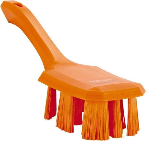 Vikan - 2-3/4" Bristle Length, Polyester Scrub Brush - 8" Long x 2-7/8" Wide Head, 10" OAL, Short Handle, Orange, Polypropylene Block - Americas Industrial Supply