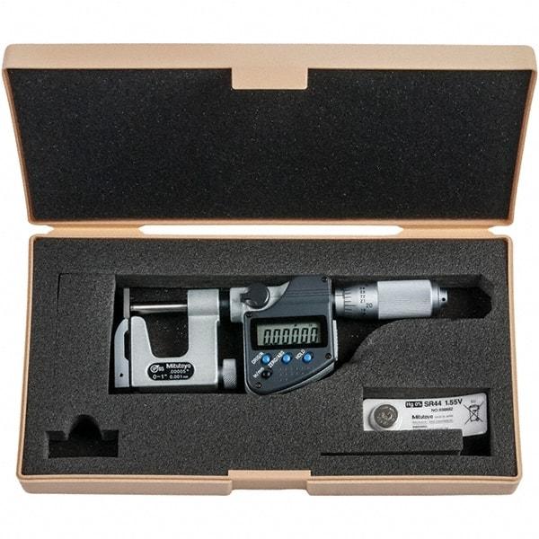 Mitutoyo - 0 to 1" Range, 0.00005" Resolution, Interchangeable Anvil Type Throat IP65 Electronic Outside Micrometer - 0.0002" Accuracy, Friction Thimble, Carbide-Tipped Face, SR44 Battery - Americas Industrial Supply